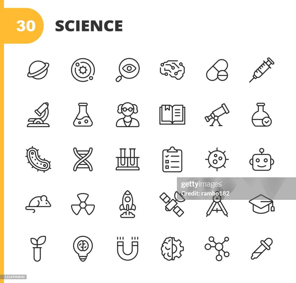 Iconos de línea científica. Trazo editable. Píxel perfecto. Para móviles y web. Contiene iconos como Planeta, Astronomía, Aprendizaje Automático, Inteligencia Artificial, Química, Biología, Medicina, Educación, Científico, Energía Nuclear, Robot