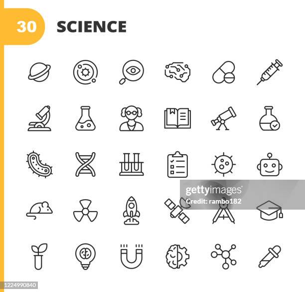 ilustrações de stock, clip art, desenhos animados e ícones de science line icons. editable stroke. pixel perfect. for mobile and web. contains such icons as planet, astronomy, machine learning, artificial intelligence, chemistry, biology, medicine, education, scientist, nuclear energy, robot, flask, virus. - lab flask