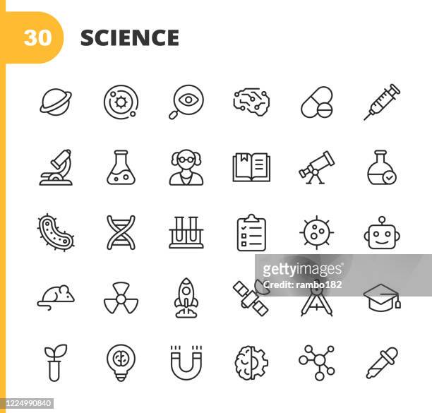 science line icons. editable stroke. pixel perfect. for mobile and web. contains such icons as planet, astronomy, machine learning, artificial intelligence, chemistry, biology, medicine, education, scientist, nuclear energy, robot, flask, virus. - chemistry stock illustrations