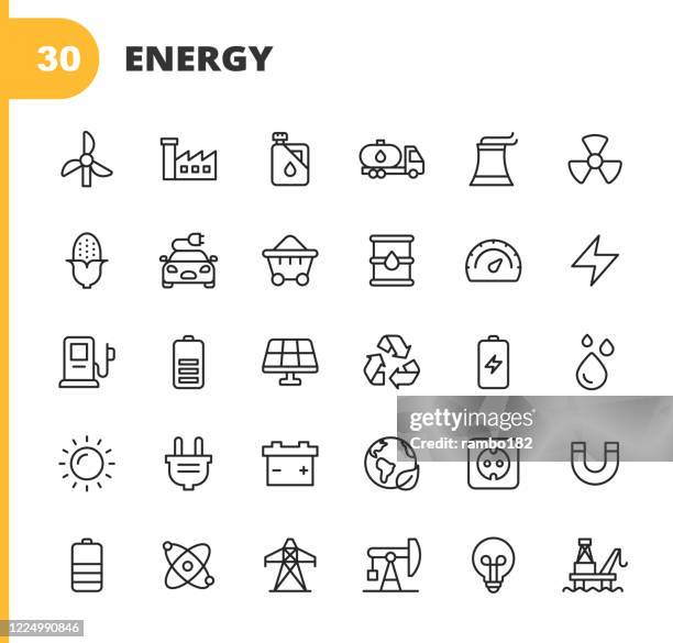 ilustraciones, imágenes clip art, dibujos animados e iconos de stock de iconos de energía y poder. trazo editable. píxel perfecto. para móviles y web. contiene iconos como energía, energía, energía renovable, electricidad, coche eléctrico, carbón, gas, energía nuclear, batería, fábrica, sol, energía solar, fuego, b - generadores