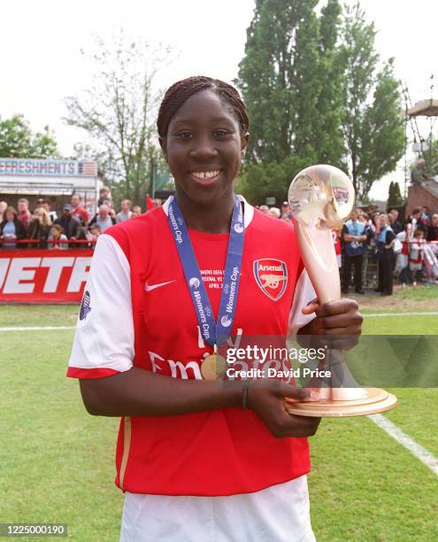 Anita Asante of Arsenal with the Womens UEFA Cup Trophy after the Womens UEFA Cup Final 2nd leg Between Arsenal Women and Umea on April 29, 2007 in...