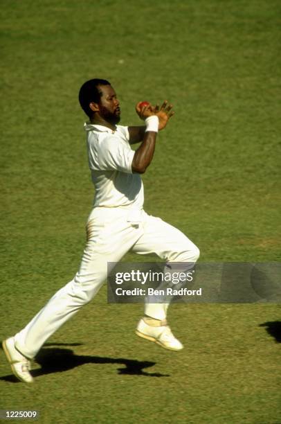 Malcolm Marshall of the West Indies in action during the Third Test match against Australia at Queen's Park Oval in Port-of-Spain, Trinidad. The...
