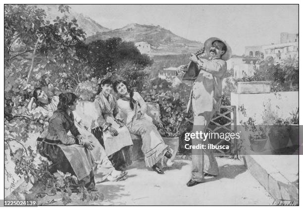 antique famous painting from the 19th century: at ischia by a traidler - ischia island stock illustrations