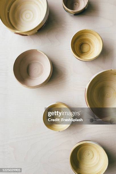 handmade ceramic painted bowls, a flat lay - earthenware stock pictures, royalty-free photos & images