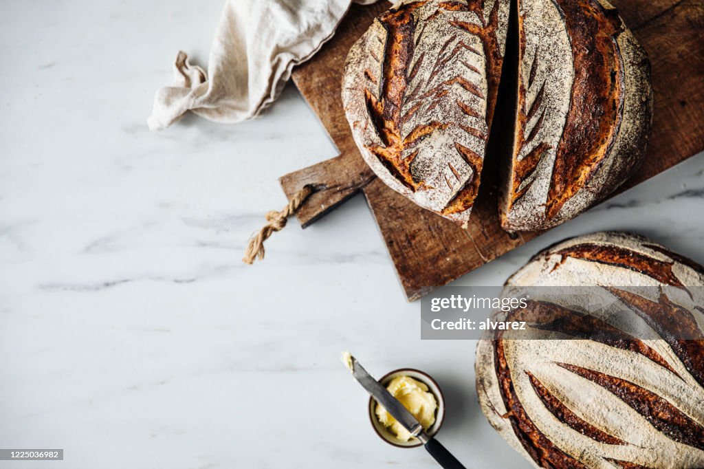 Directly above view of sourdough bread and butter
