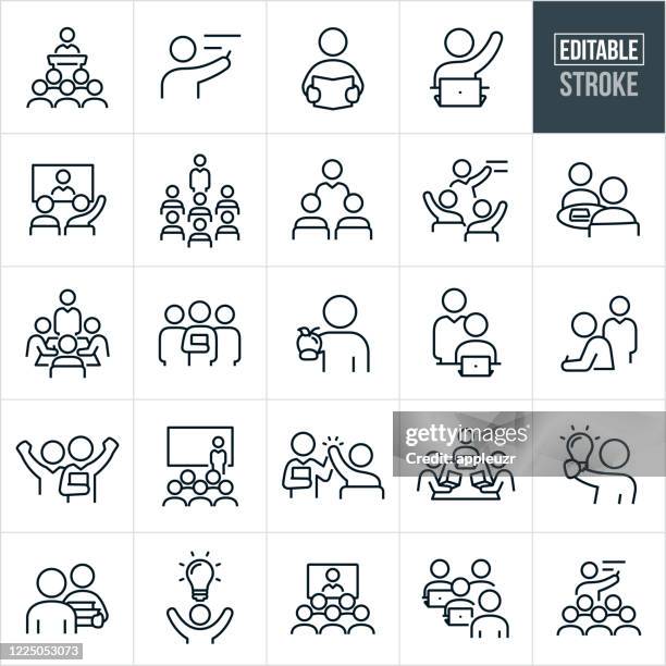 ilustrações de stock, clip art, desenhos animados e ícones de teachers and students thin line icons - editable stroke - jovens estudando