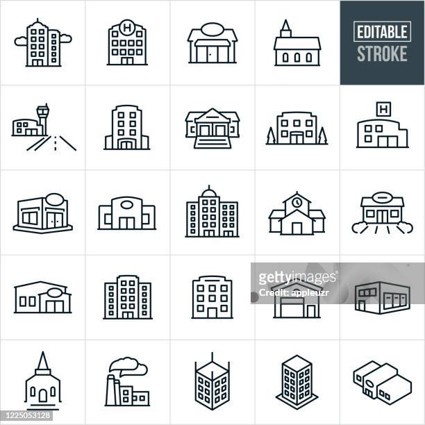 illustrazioni stock, clip art, cartoni animati e icone di tendenza di icone della linea sottile degli edifici - tratto modificabile - struttura edile