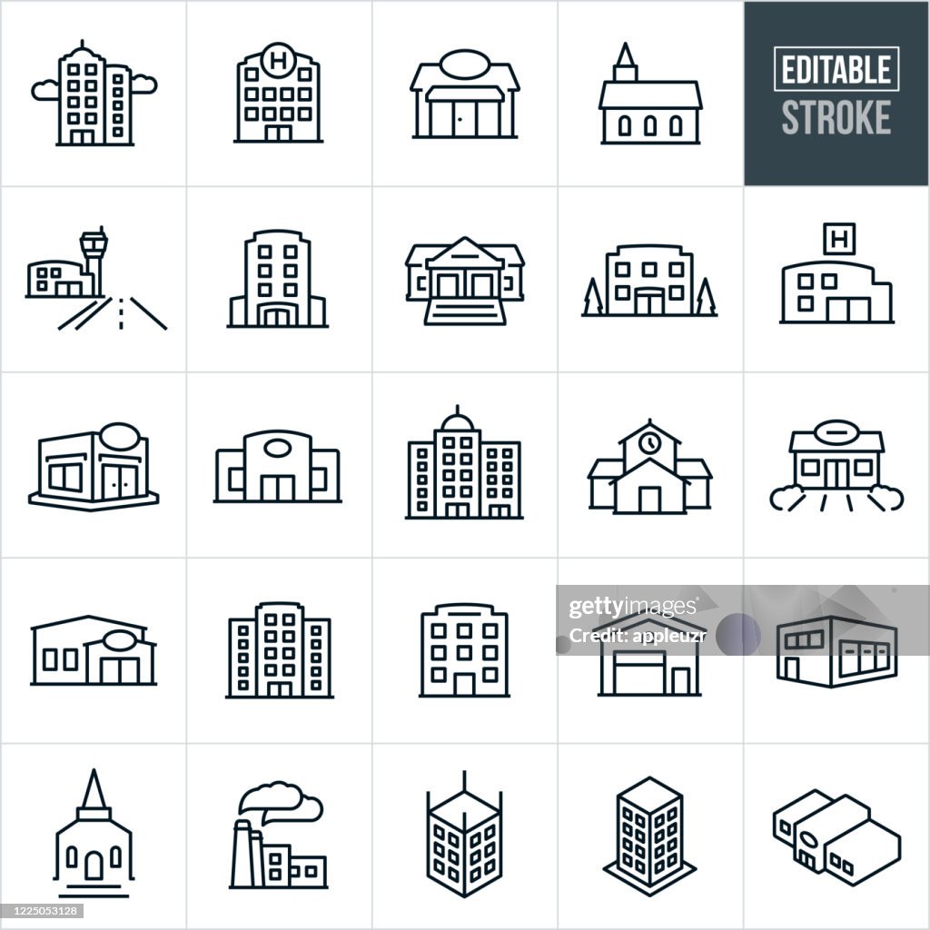 Buildings Thin Line Icons - Editable Stroke