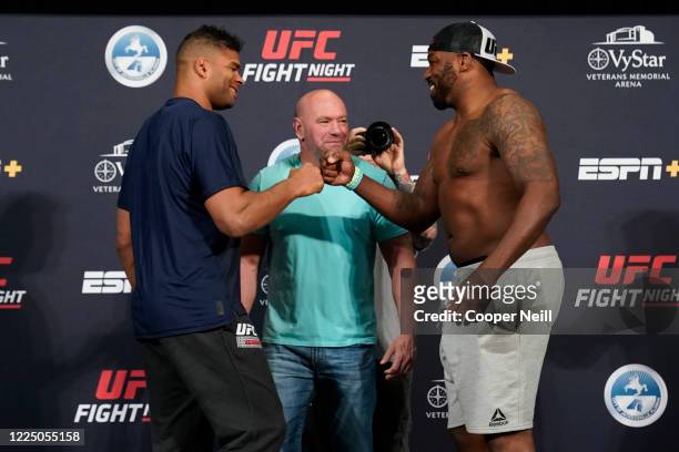 Alistair Overeem and Walt Harris face off during the official UFC Fight Night weigh-in on May 15, 2020 in Jacksonville, Florida.