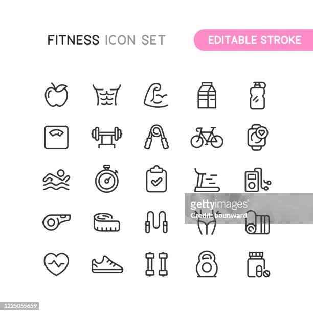 ilustraciones, imágenes clip art, dibujos animados e iconos de stock de fitness & workout outline iconos editables stoke - deporte