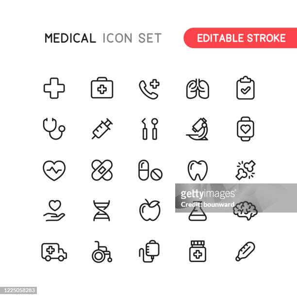 ilustraciones, imágenes clip art, dibujos animados e iconos de stock de cuidado de la salud & medicina contorno iconos editables stroke - medical equipment