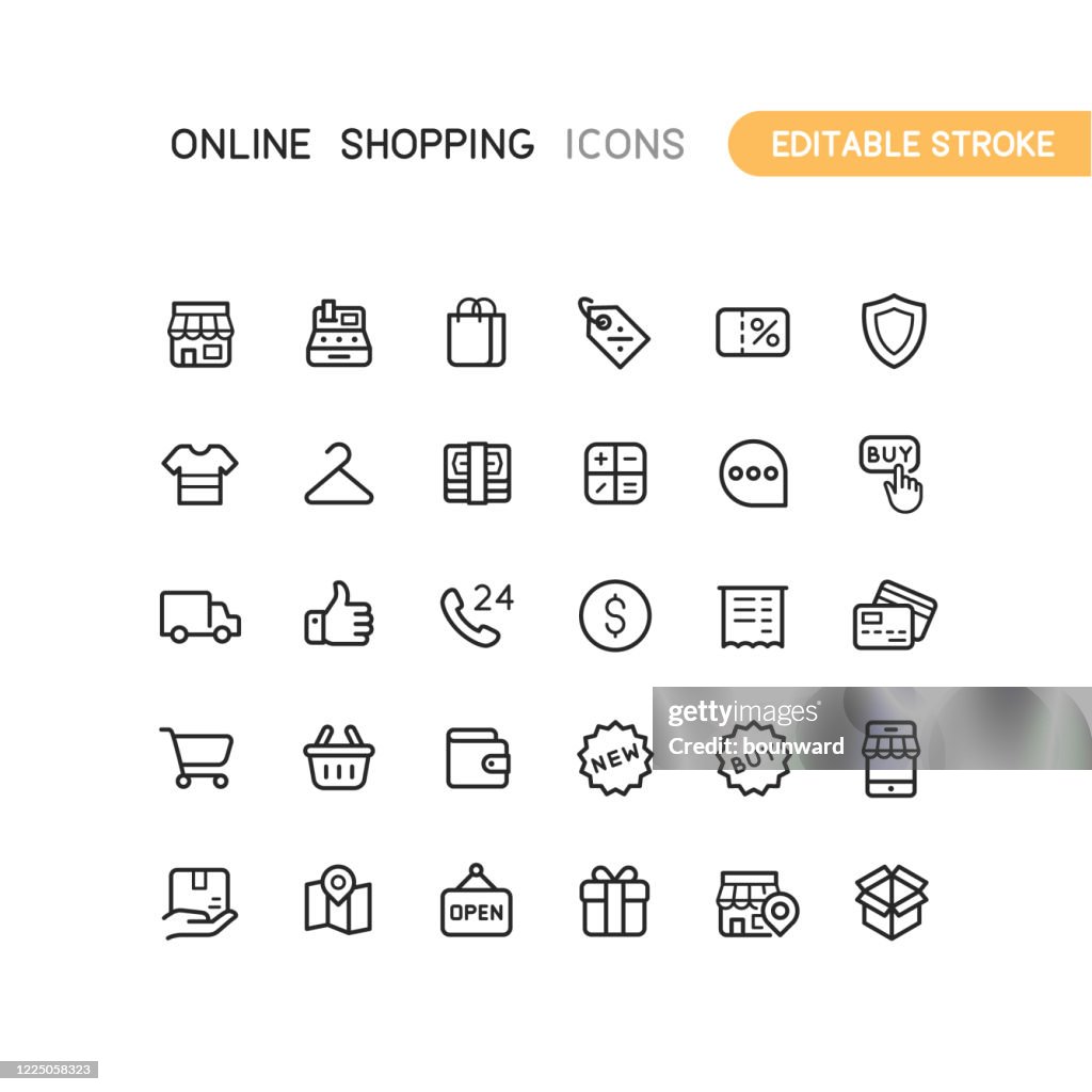 Umriss Online Shopping Icons Bearbeitbarer Strich