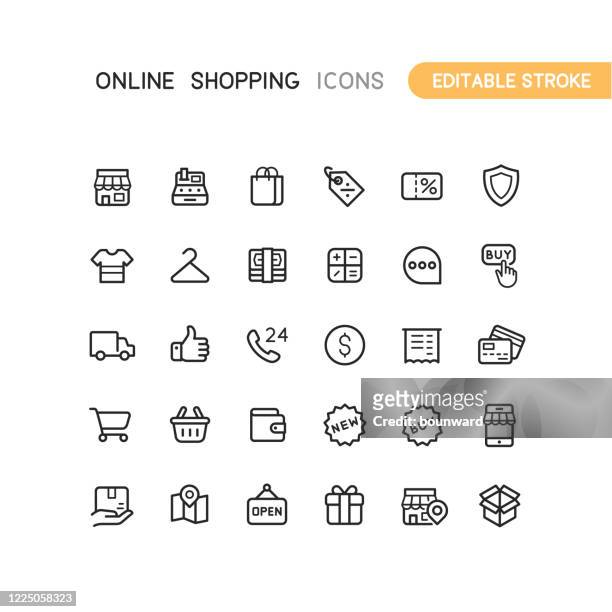 illustrazioni stock, clip art, cartoni animati e icone di tendenza di contorno icone acquisti online tratto modificabile - consumismo