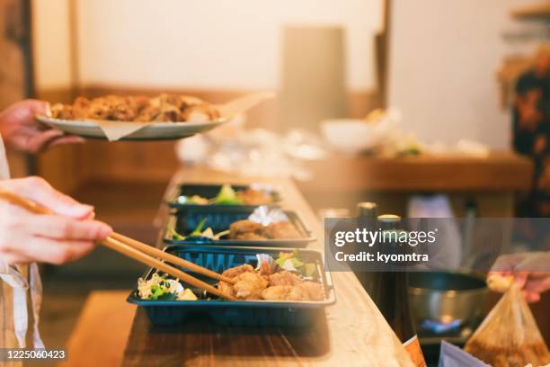 making bento in japan - karaage stock pictures, royalty-free photos & images