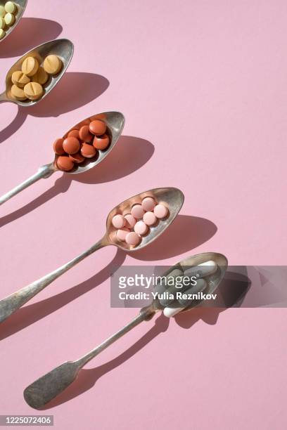 various of spoons with pills and tablets on the pink background - analgésico - fotografias e filmes do acervo