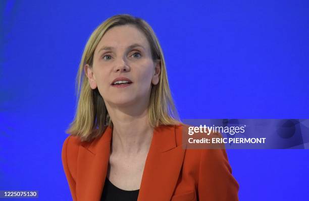 Newly appointed deputy Minister for Industry Agnes Pannier-Runacher looks on during the handover ceremony at the French Economy and Finance Ministry...