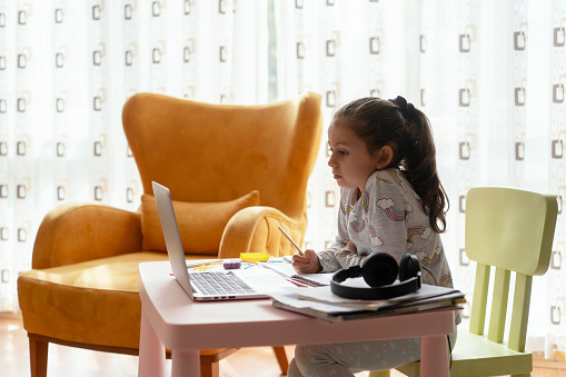 Distance Learning Home Little girl homeschooling and distance learning at home 이미지 (1225077134 ...