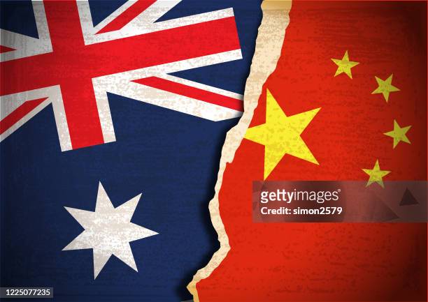 stockillustraties, clipart, cartoons en iconen met het concept van het conflict van de vlag van australië en van china - financiën en economie