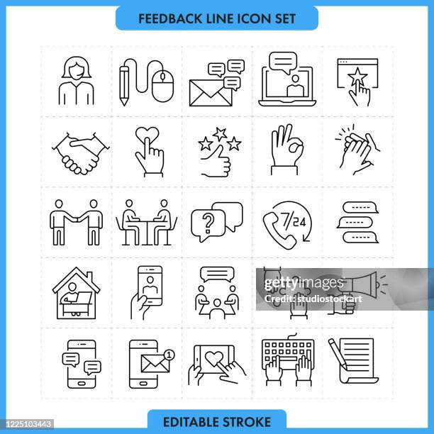 ilustraciones, imágenes clip art, dibujos animados e iconos de stock de conjunto de iconos de línea fina de retroalimentación. trazo editable - cliente satisfecho