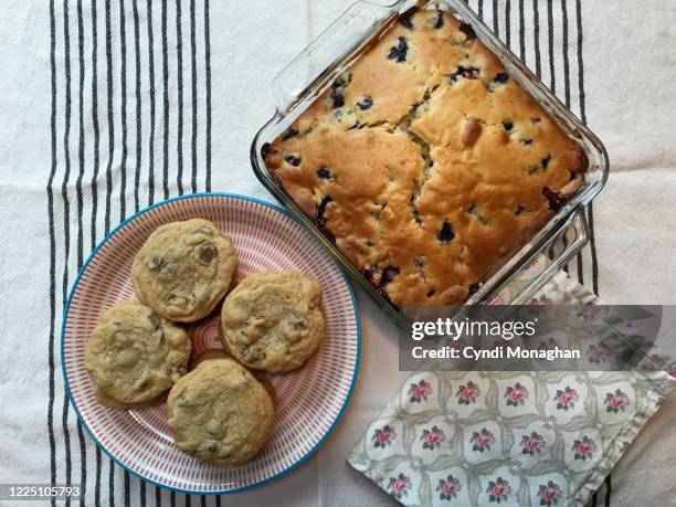 freshly baked cookies and blueberry cake - torchon photos et images de collection