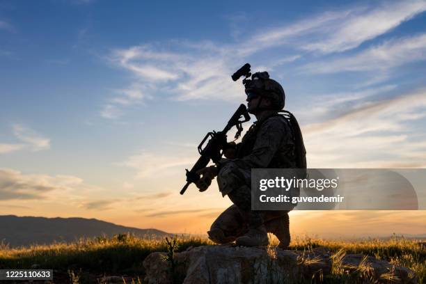 soldier knelt in the field looking ahead - gi stock pictures, royalty-free photos & images