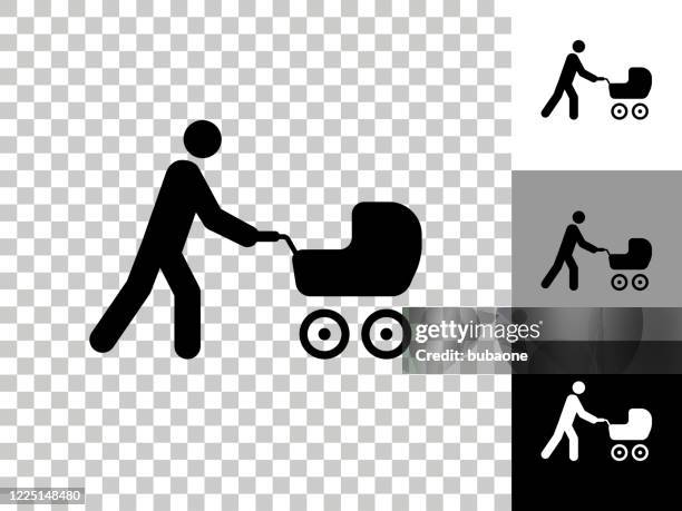 man pushing a stroller icon on checkerboard transparent background - pushing stroller stock illustrations