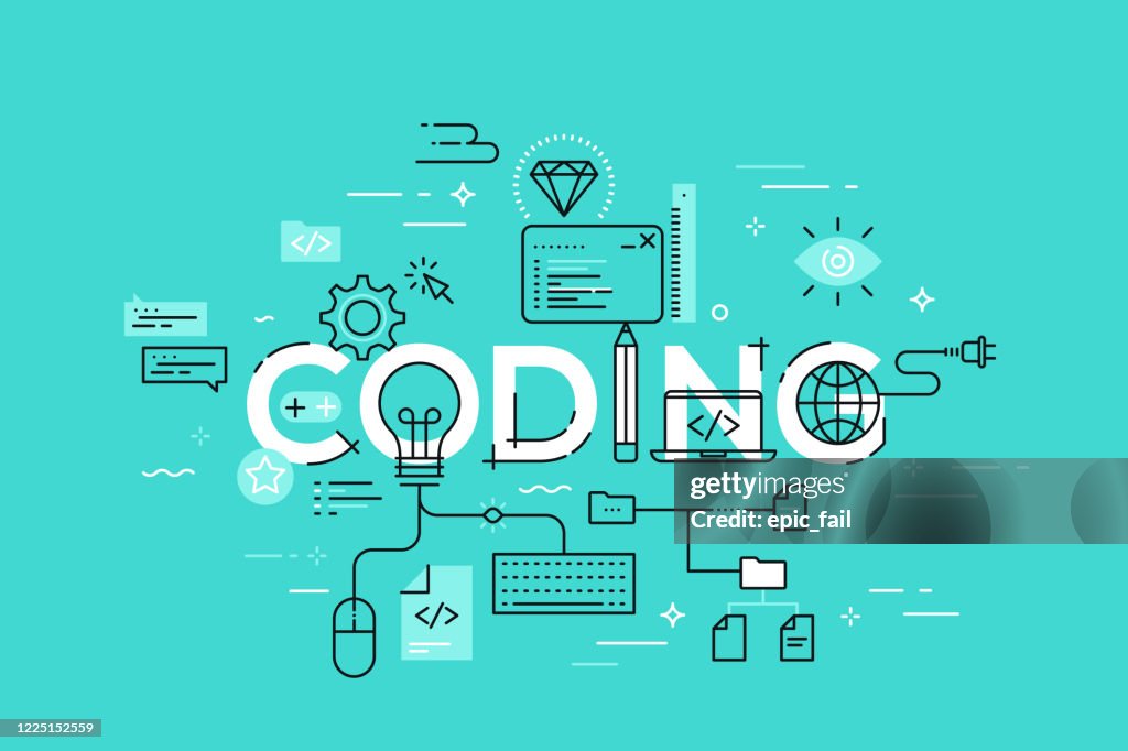 Coding Plain Flat Style Thin Line Banner Design Of Coding High-Res Vector Graphic ...