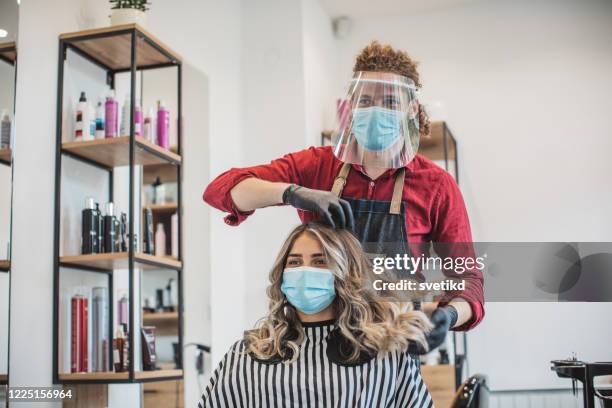 hair cutting during pandemic - small business mask stock pictures, royalty-free photos & images