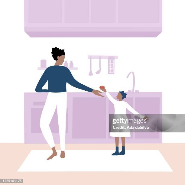 ilustraciones, imágenes clip art, dibujos animados e iconos de stock de madre e hija cocinando en la cocina - mujer joven cocinando