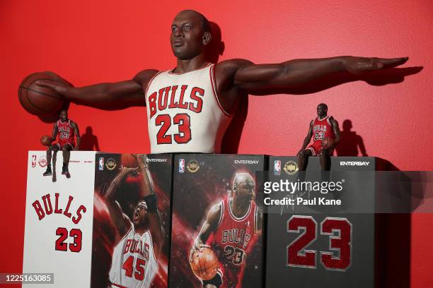 Figures from the Michael Jordan toy historian collector Joshua De Vaney are seen on May 16, 2020 in Perth, Australia. With over 150 different pieces...