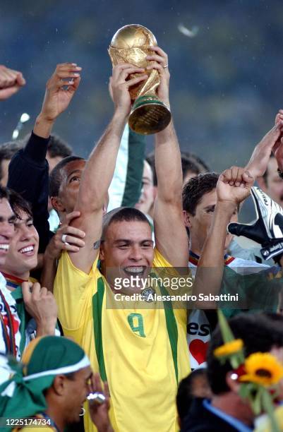 Ronaldo Luís Nazário de Lima of Brazil celebrates the victory with the trophy after the Fifa World Cup Final 2002 match between Germany and Brazil in...
