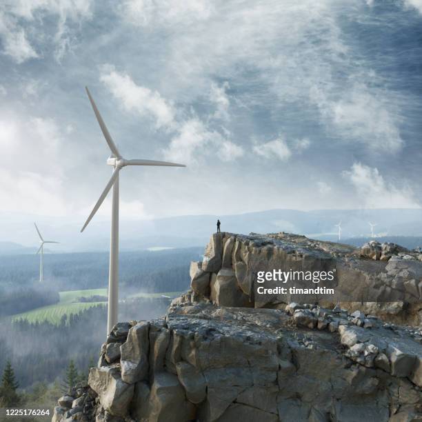 silhouette of a man at the top of a cliff looking at the horizon with wind turbines - plant stock-fotos und bilder