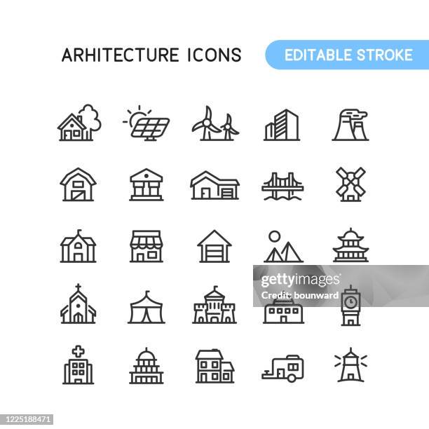 ilustraciones, imágenes clip art, dibujos animados e iconos de stock de arquitectura real estate building iconos de contorno editable trazo - castillo estructura de edificio