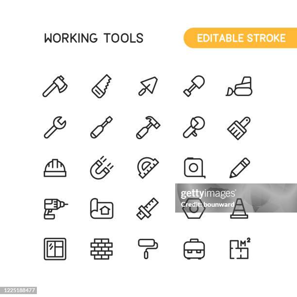 building work tools outline icons editable stroke - hammer wrench stock illustrations