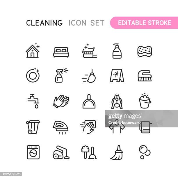 ilustraciones, imágenes clip art, dibujos animados e iconos de stock de limpieza de iconos de contorno trazo editable - escobilla de baño