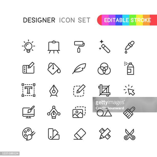 ilustraciones, imágenes clip art, dibujos animados e iconos de stock de iconos de contorno del diseñador gráfico trazo editable - creatividad