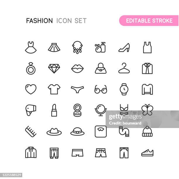 mode kleidung & accessoires umriss icons editable stroke - damenmode stock-grafiken, -clipart, -cartoons und -symbole