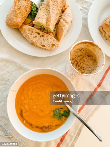 sweet potato soup and vegan baguettes - soup and sandwich stock pictures, royalty-free photos & images