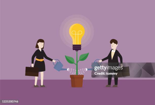 business people pouring water to plant a light bulb tree - financial opportunity icon stock illustrations