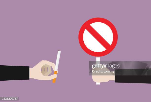 businessman show prohibition sign to a cigarette - passive smoking stock illustrations