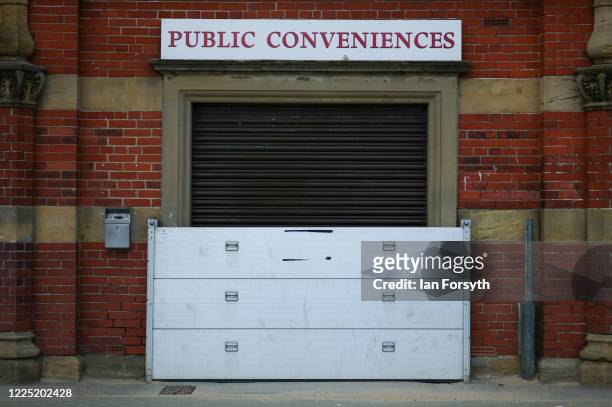 Public toilet is closed as Scarborough remains quiet after some lockdown restrictions have been eased on May 16, 2020 in Scarborough, England. Local...