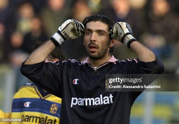 Gianluigi Buffon of Parma Calcio reacts during the Serie A 2000-01 Italy.