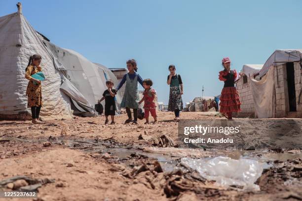 View of unhealthy living conditions in a refugee camp where Syrian children suffering from leishmaniasis, a parasitic disease spread by the bite of...