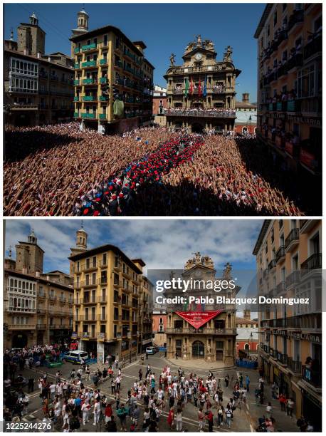 In this before-and-after composite image **TOP IMAGE** PAMPLONA, SPAIN Revellers enjoy the atmosphere during the opening day or 'Chupinazo' of the...