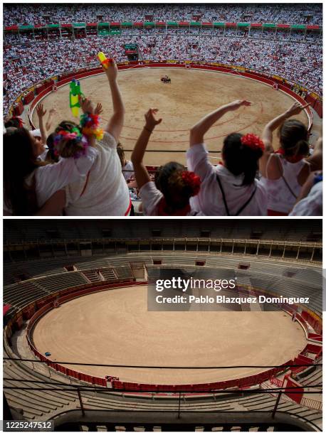 In this before-and-after composite image **TOP IMAGE** PAMPLONA, SPAIN Revellers enjoy the atmosphere inside Pamplona's bullring during a bullfight...