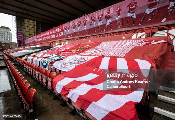 Nottingham Forest flags line the stands during the Sky Bet Championship match between Nottingham Forest and Fulham at City Ground on July 7, 2020 in...