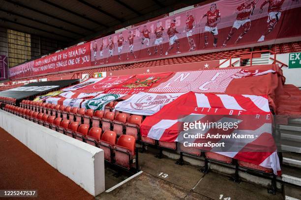 Nottingham Forest flags line the stands during the Sky Bet Championship match between Nottingham Forest and Fulham at City Ground on July 7, 2020 in...