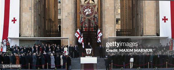 Newly elected Georgian President Mikhail Saakashvili gives an oath on the Georgian Constitution during inauguration ceremony in Tbilisi, 25 January...