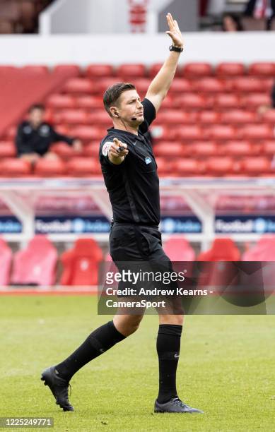 Referee Robert Jones officiating during the Sky Bet Championship match between Nottingham Forest and Fulham at City Ground on July 7, 2020 in...