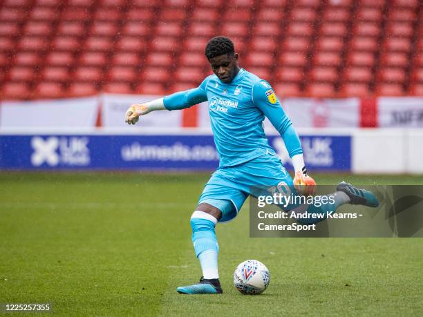 Nottingham Forest's Brice Samba kicks clear during the Sky Bet Championship match between Nottingham Forest and Fulham at City Ground on July 7, 2020...